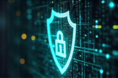 Digital lock and shield symbolizing cybersecurity.